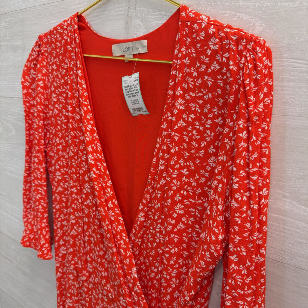 Loft Red/ White Print Long Sleeve Faux Wrap Dress Small
