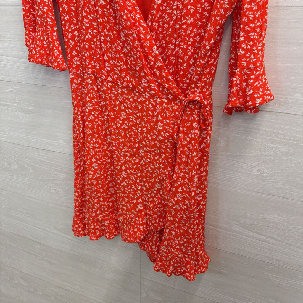 Loft Red/ White Print Long Sleeve Faux Wrap Dress Small