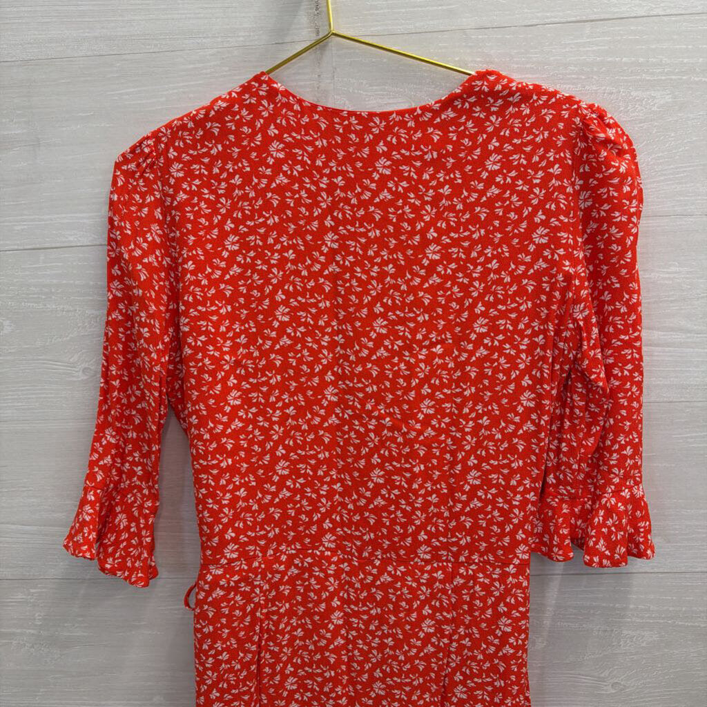 Loft Red/ White Print Long Sleeve Faux Wrap Dress Small