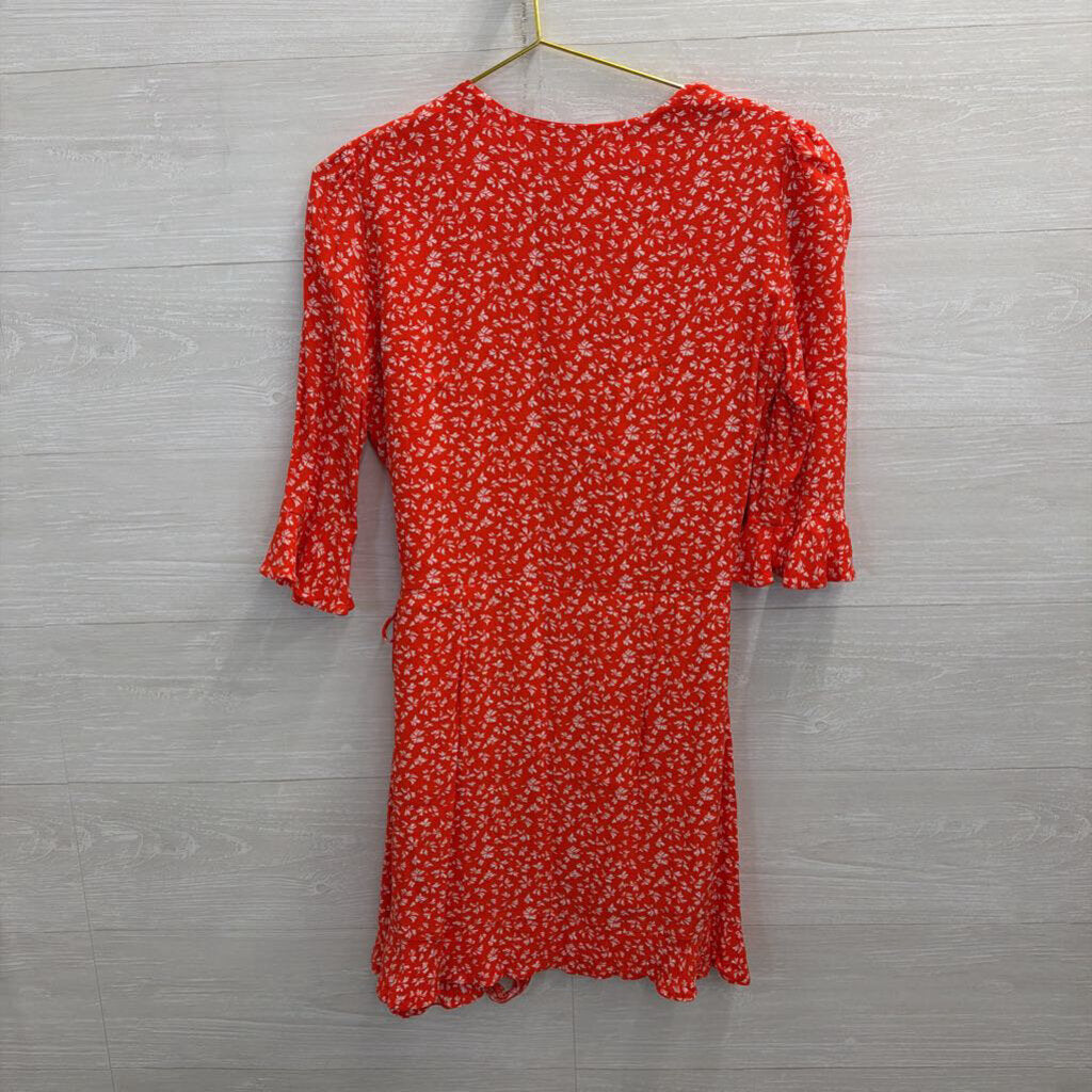 Loft Red/ White Print Long Sleeve Faux Wrap Dress Small