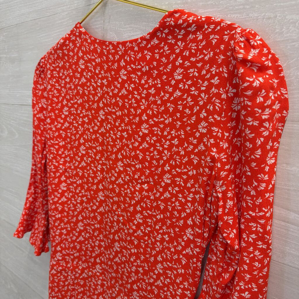 Loft Red/ White Print Long Sleeve Faux Wrap Dress Small