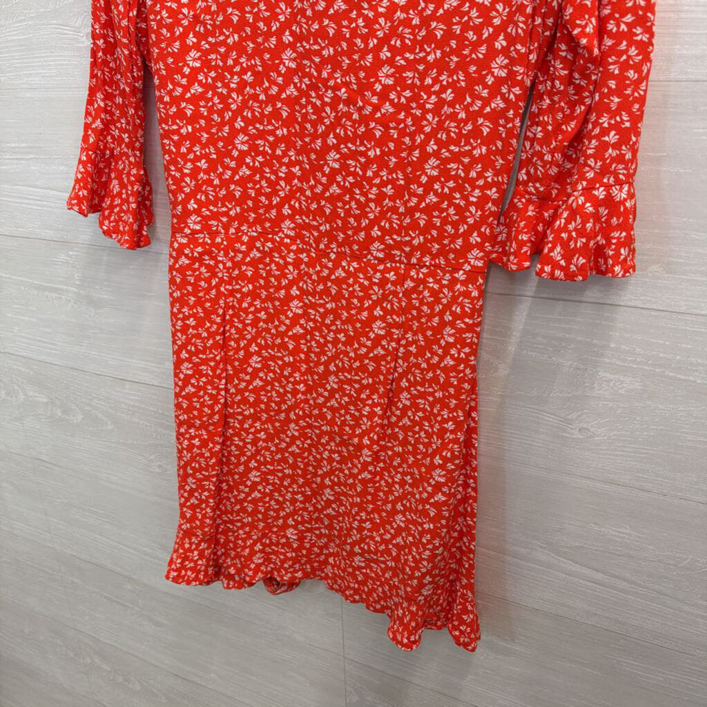 Loft Red/ White Print Long Sleeve Faux Wrap Dress Small