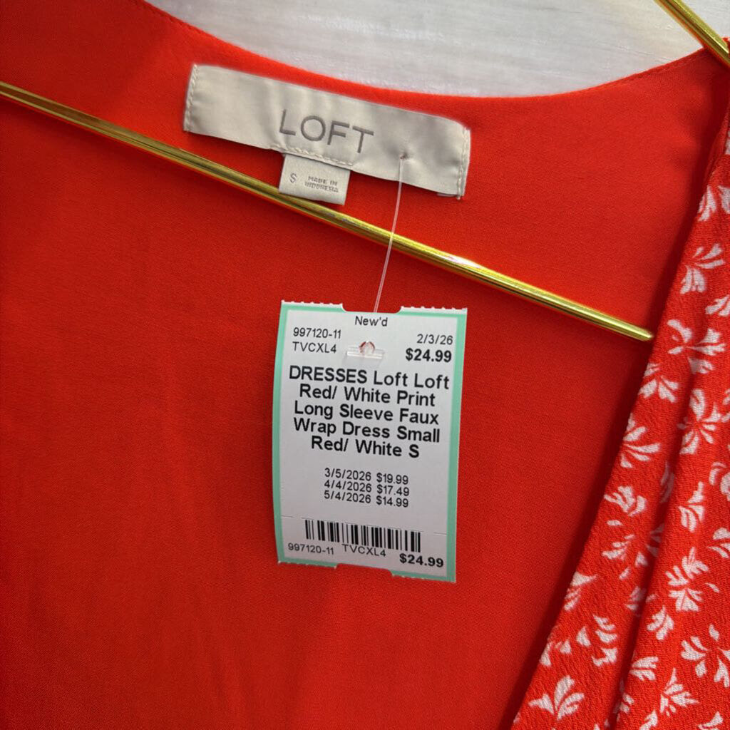 Loft Red/ White Print Long Sleeve Faux Wrap Dress Small