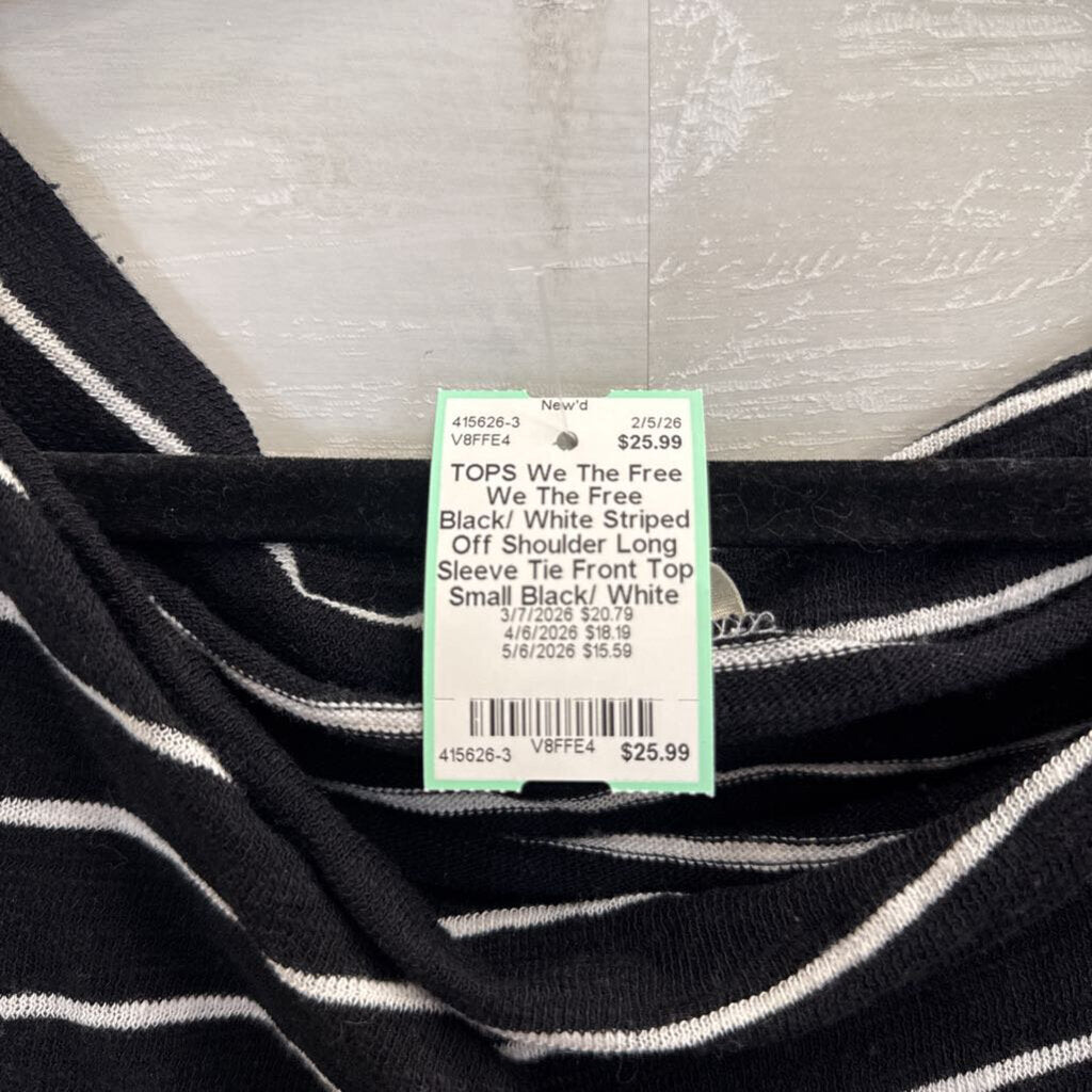 We The Free Black/ White Striped Off Shoulder Long Sleeve Tie Front Top Small