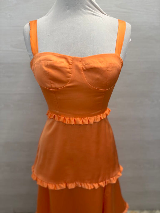 Show Me Your Mumu Orange Silky Ruffle Detail Tiered Long Formal Dress Extra Small