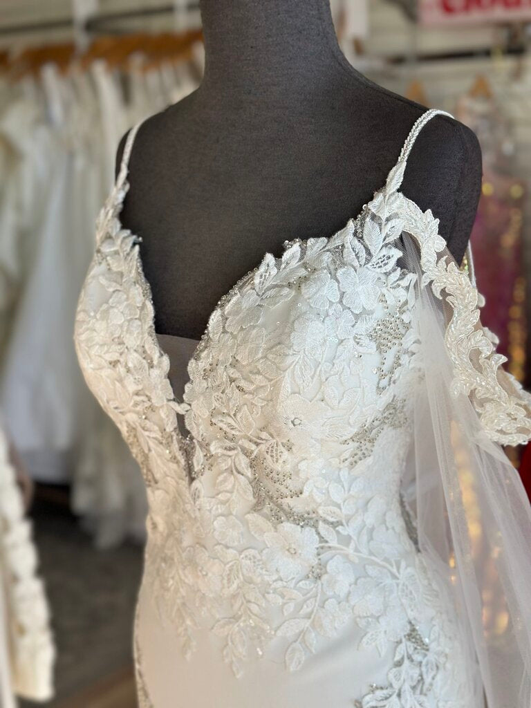 Allure Ivory Beaded Lace Top Detachable Cape Bridal Gown 10