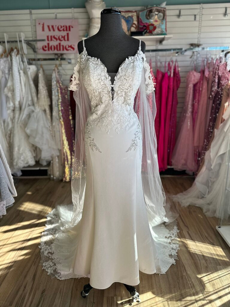 Allure Ivory Beaded Lace Top Detachable Cape Bridal Gown 10