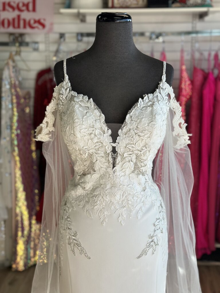 Allure Ivory Beaded Lace Top Detachable Cape Bridal Gown 10