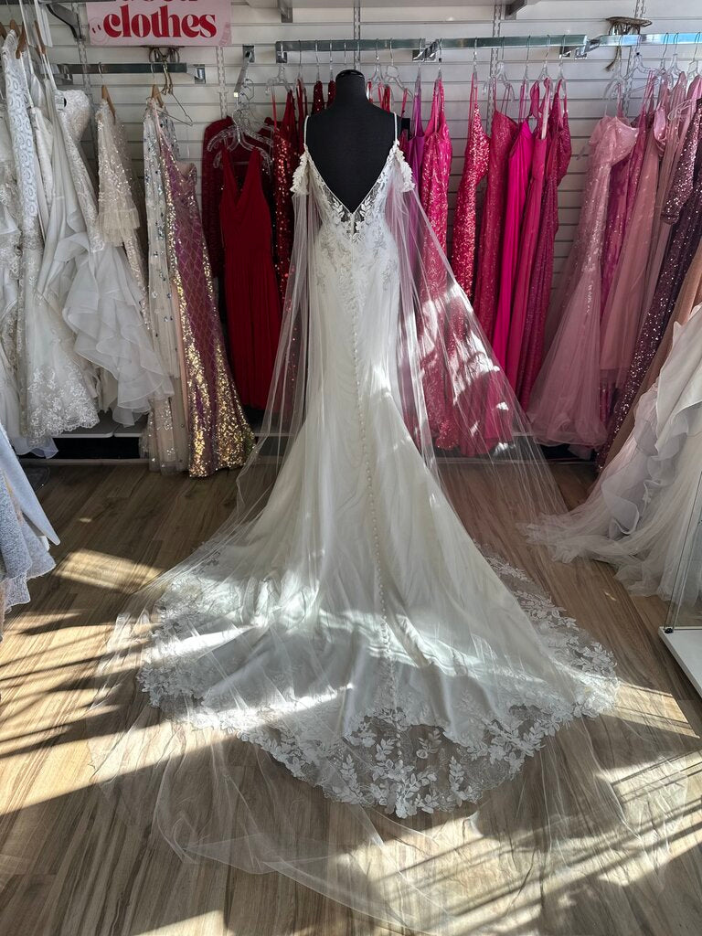 Allure Ivory Beaded Lace Top Detachable Cape Bridal Gown 10