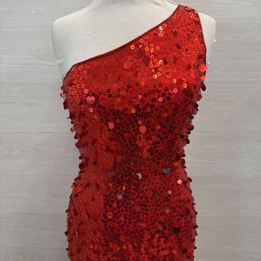 Sean Collection Red Sequin One Shoulder Long Formal Dress Small