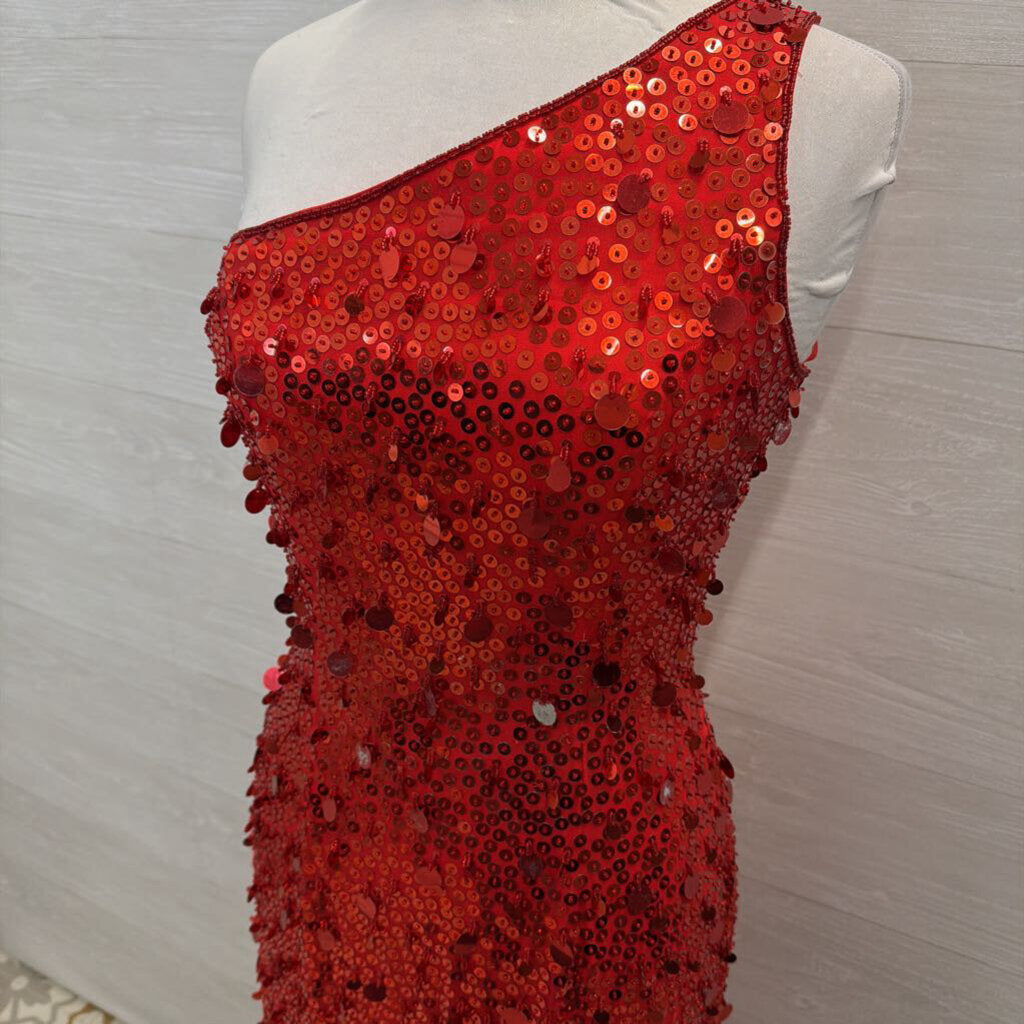 Sean Collection Red Sequin One Shoulder Long Formal Dress Small