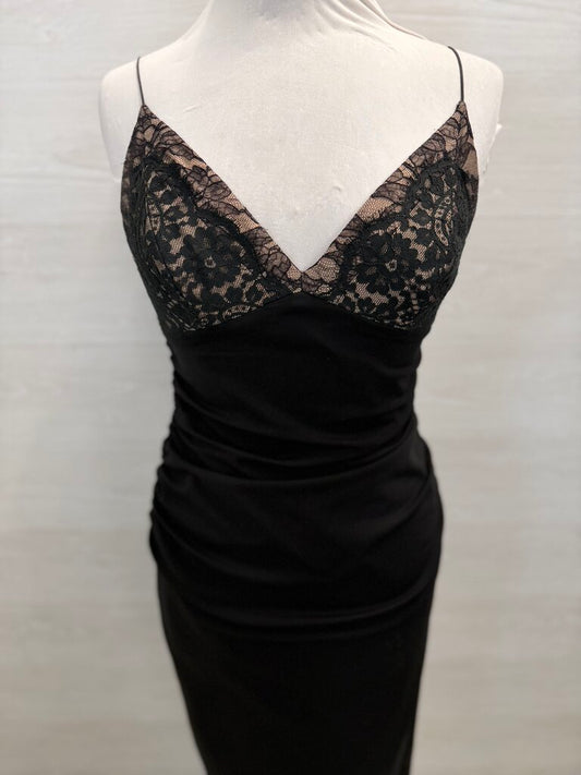 Carmen Marc Valvo Black/ Beige Lace Ruched Midi Dress 8