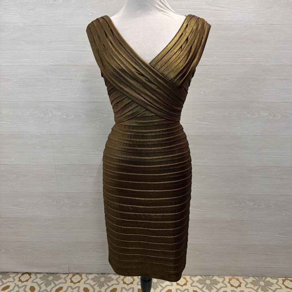 Xscape Bronze Shimmer Pleated Short Formal Dress 10