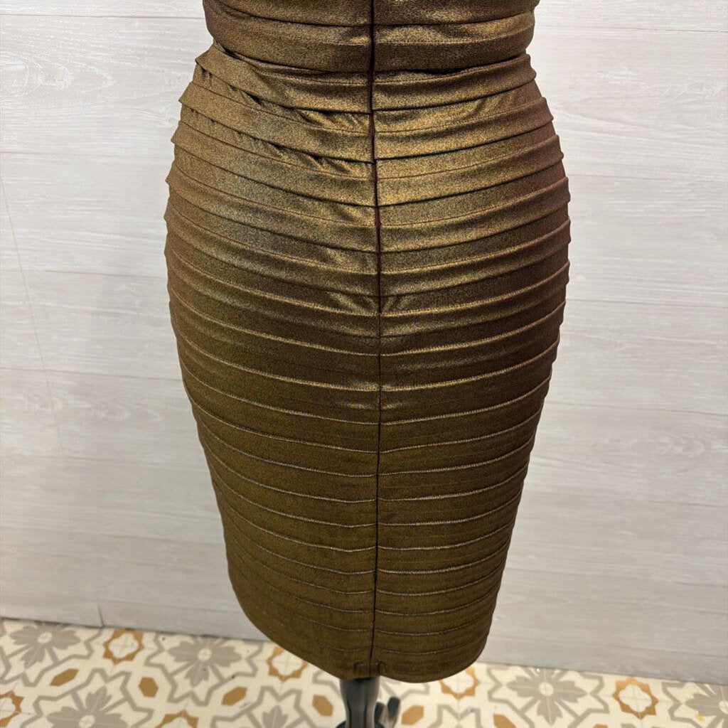 Xscape Bronze Shimmer Pleated Short Formal Dress 10