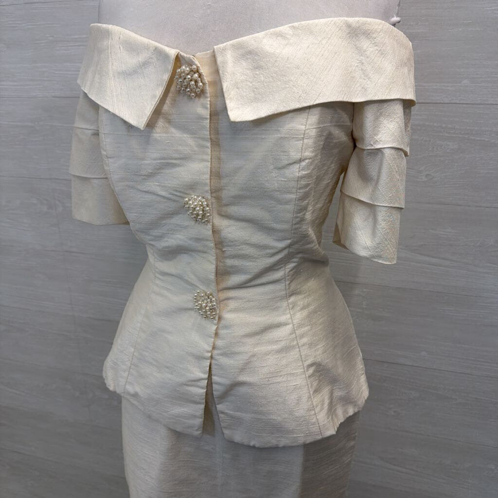 Watters and Watters Ivory 100% Silk Off Shoulder Top/ Midi Skirt Formal Set 10