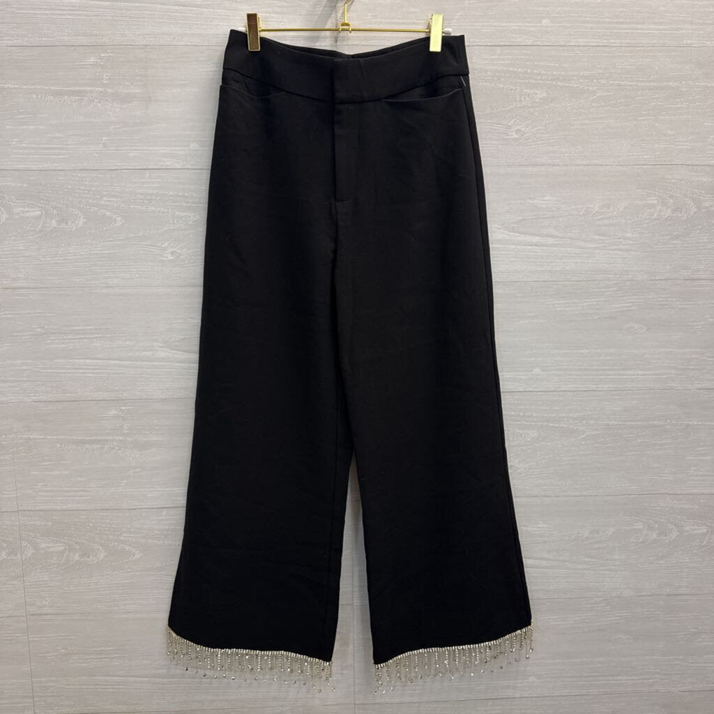 Black Wide Leg Rhinestone Fringe Hem Pants Medium