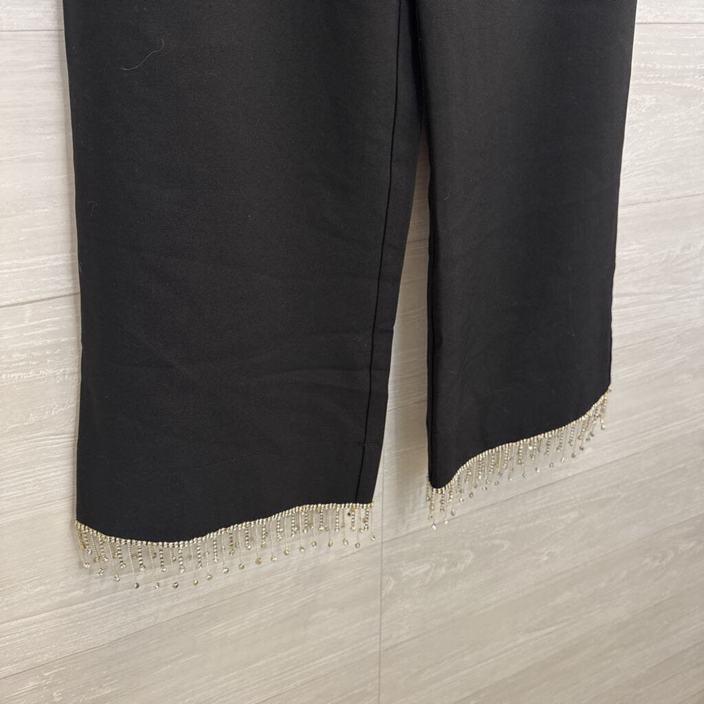 Black Wide Leg Rhinestone Fringe Hem Pants Medium