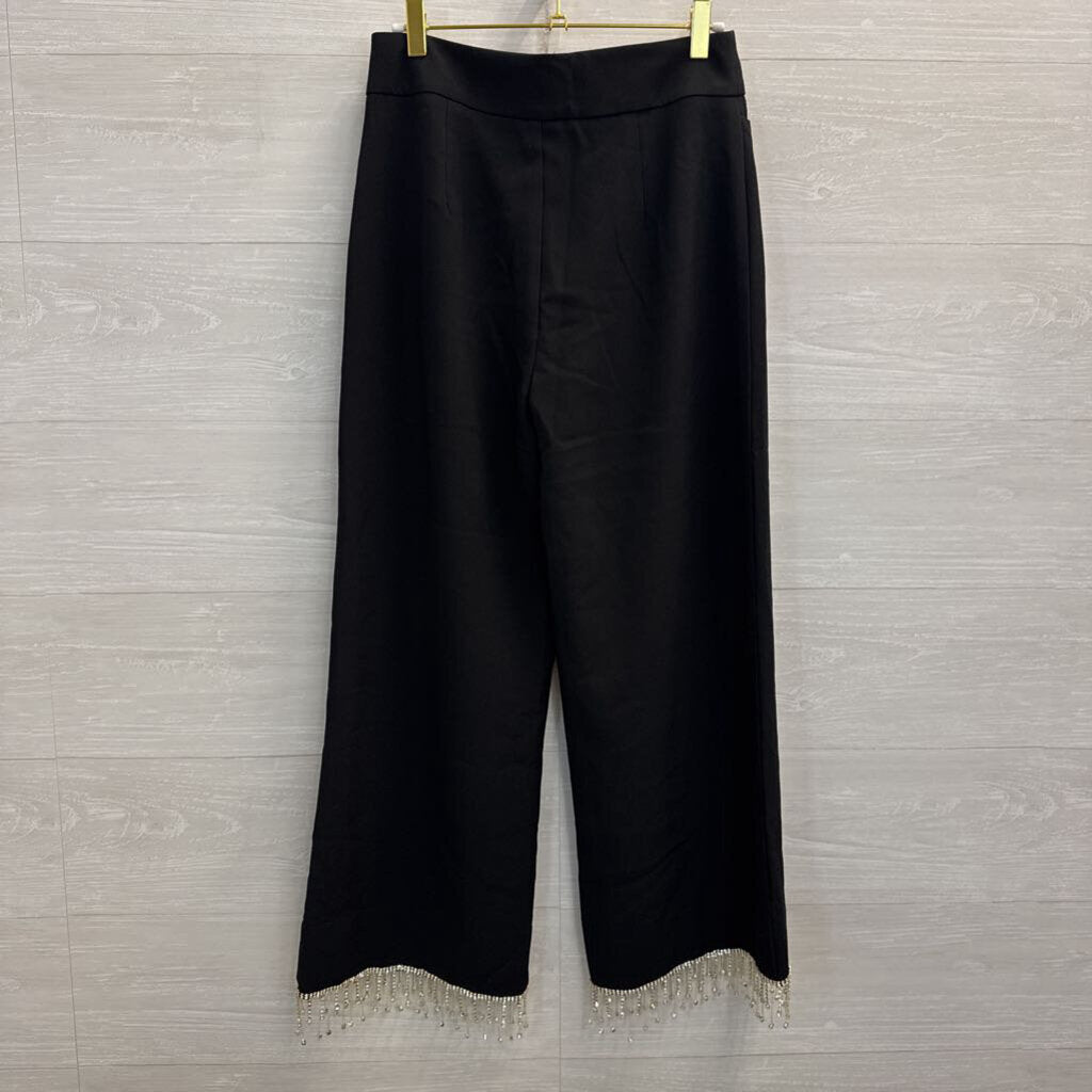 Black Wide Leg Rhinestone Fringe Hem Pants Medium