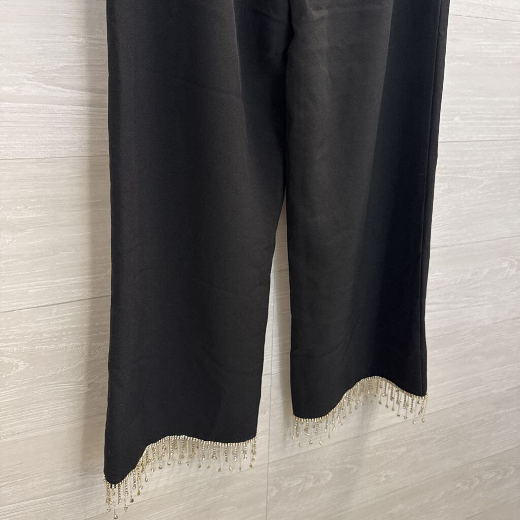 Black Wide Leg Rhinestone Fringe Hem Pants Medium
