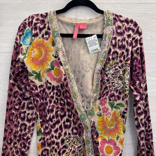 Charlotte Tarantola Grey/ Multi Print/ Beaded Cardigan Sweater Small