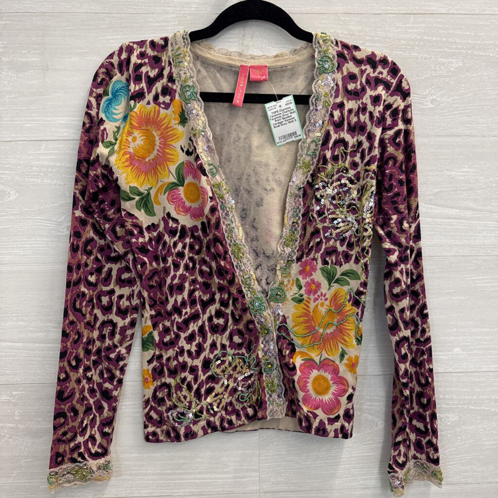 Charlotte Tarantola Grey/ Multi Print/ Beaded Cardigan Sweater Small