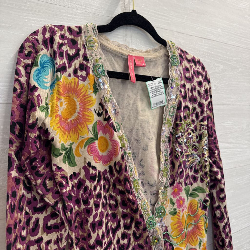 Charlotte Tarantola Grey/ Multi Print/ Beaded Cardigan Sweater Small