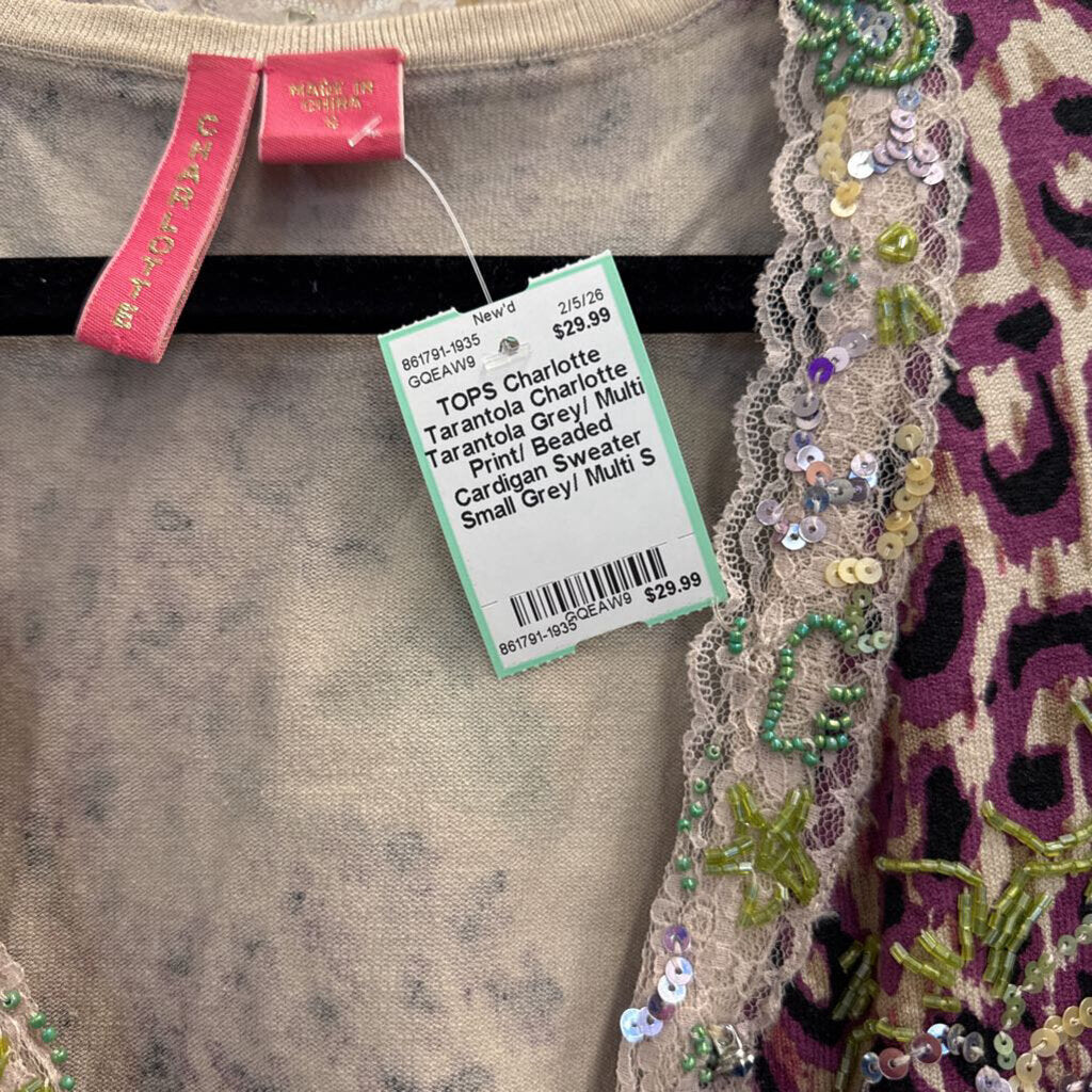 Charlotte Tarantola Grey/ Multi Print/ Beaded Cardigan Sweater Small