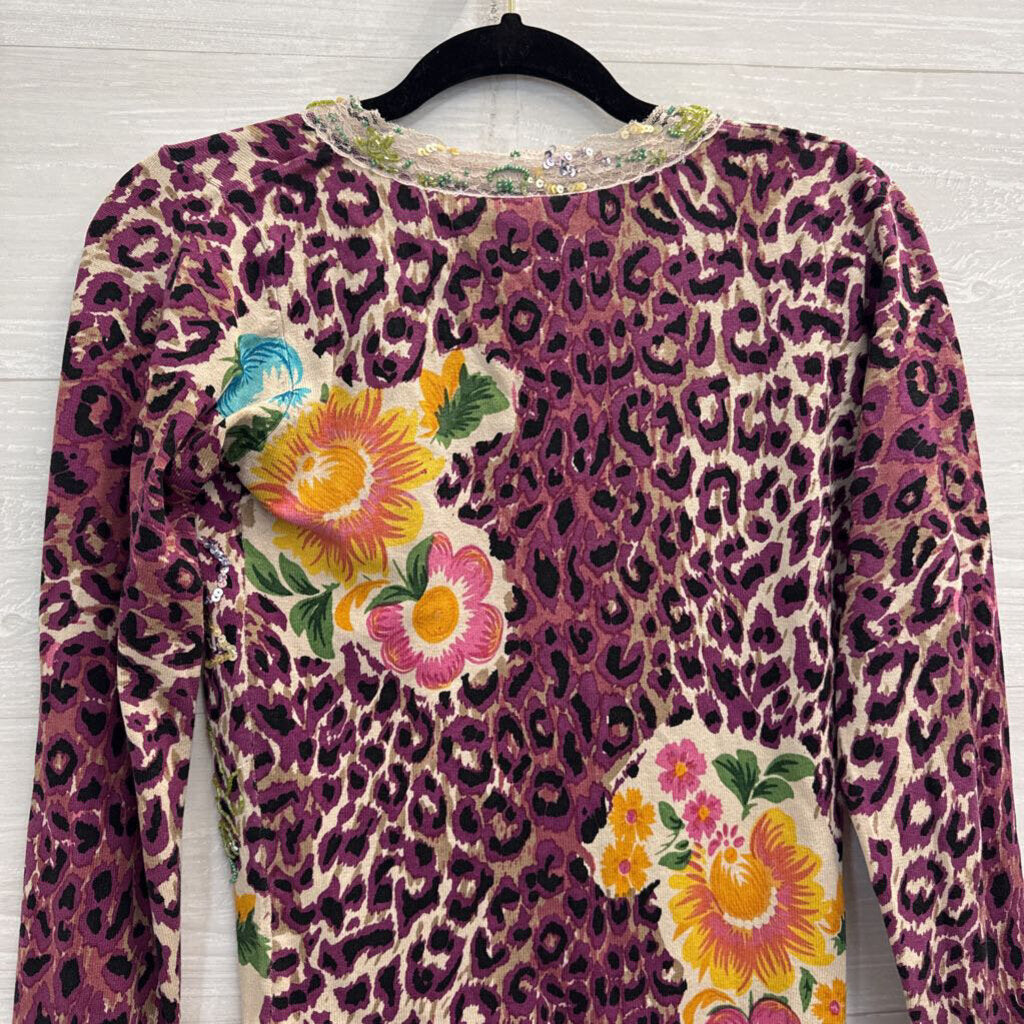 Charlotte Tarantola Grey/ Multi Print/ Beaded Cardigan Sweater Small