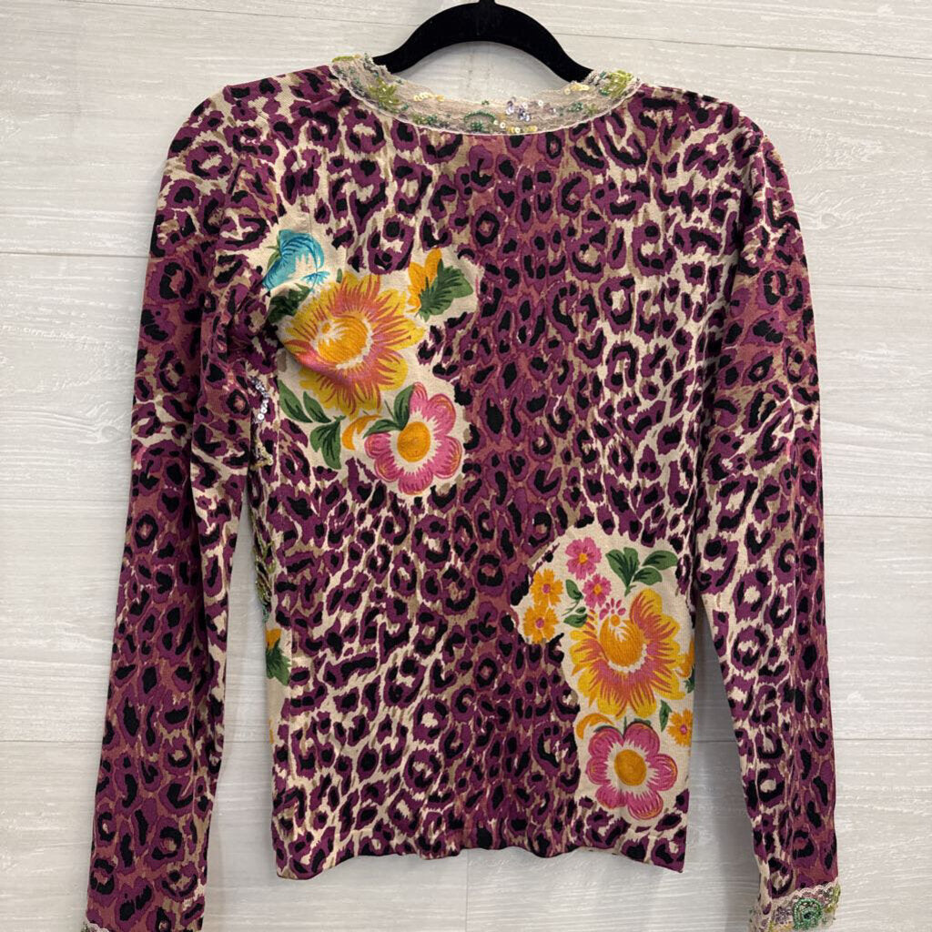 Charlotte Tarantola Grey/ Multi Print/ Beaded Cardigan Sweater Small