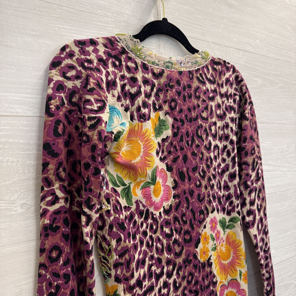 Charlotte Tarantola Grey/ Multi Print/ Beaded Cardigan Sweater Small