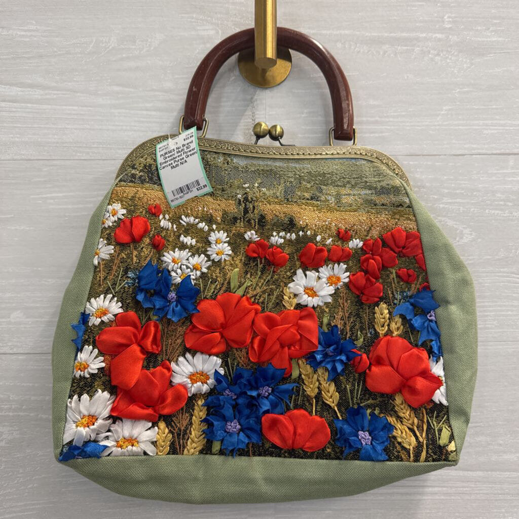 Green/ Multi 3D Embroidered Flower Canvas Purse