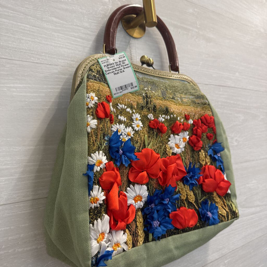 Green/ Multi 3D Embroidered Flower Canvas Purse