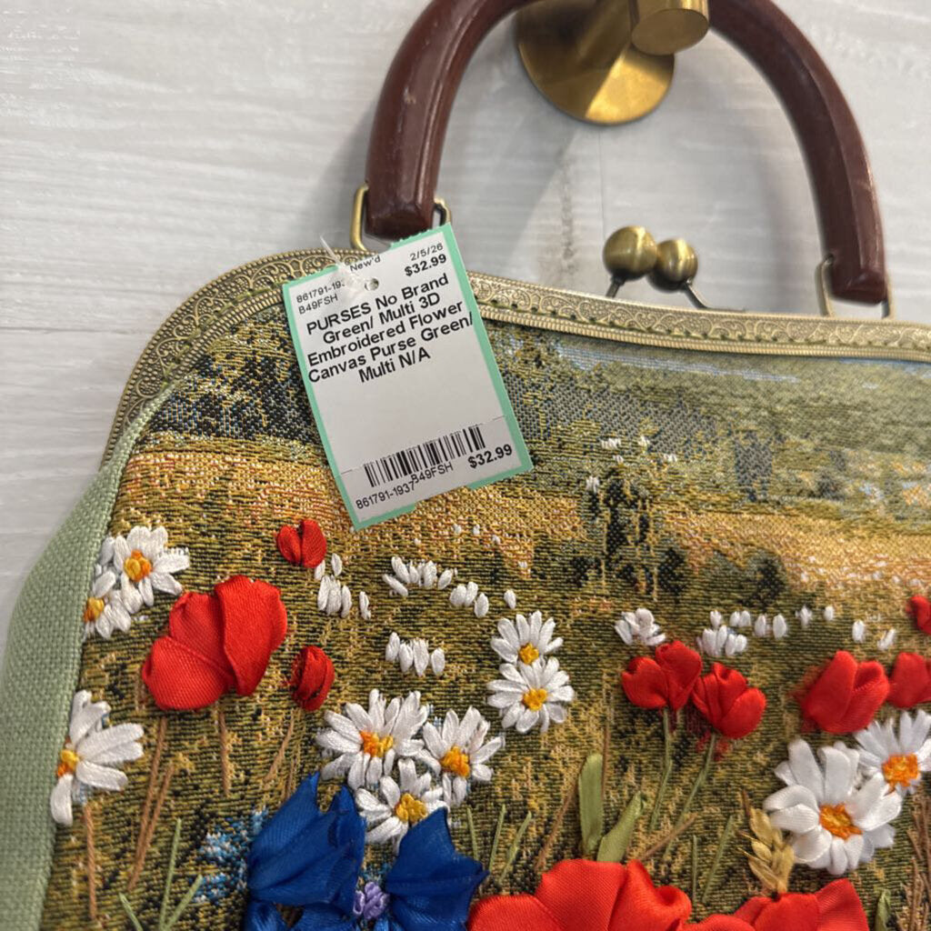 Green/ Multi 3D Embroidered Flower Canvas Purse