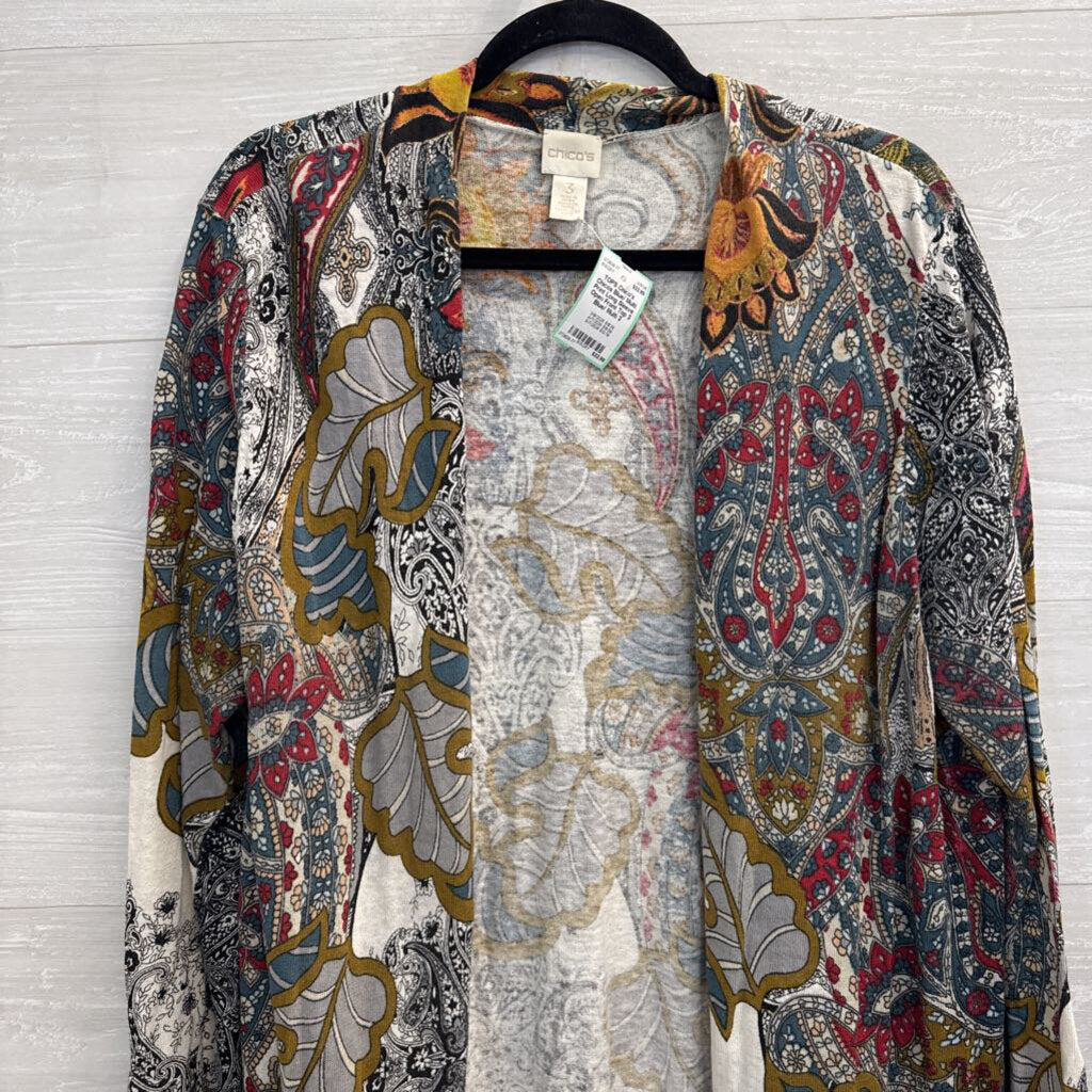 Chicos Blue/ Multi Print Long Sleeve Open Front Top 3