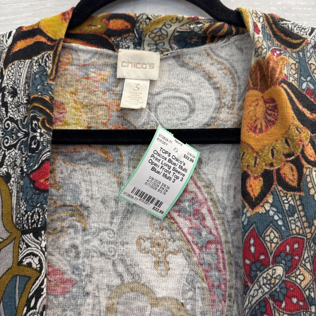 Chicos Blue/ Multi Print Long Sleeve Open Front Top 3