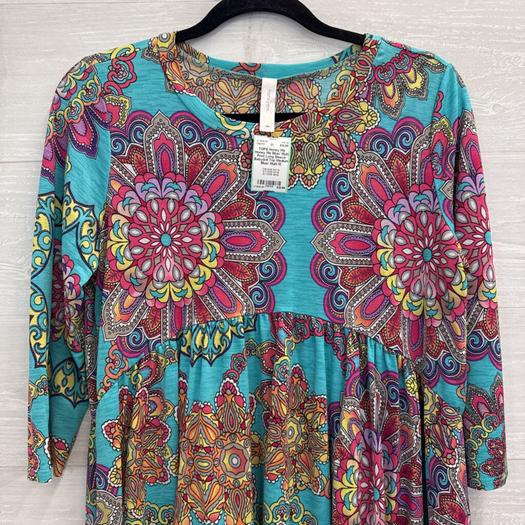 Honey Me Blue/ Multi Print Long Sleeve Babydoll Top Medium