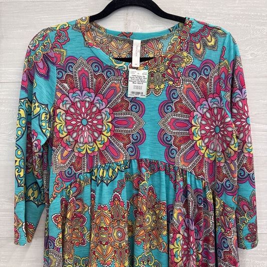 Honey Me Blue/ Multi Print Long Sleeve Babydoll Top Medium