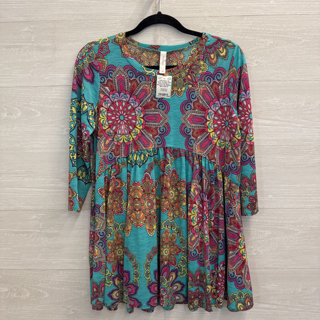 Honey Me Blue/ Multi Print Long Sleeve Babydoll Top Medium