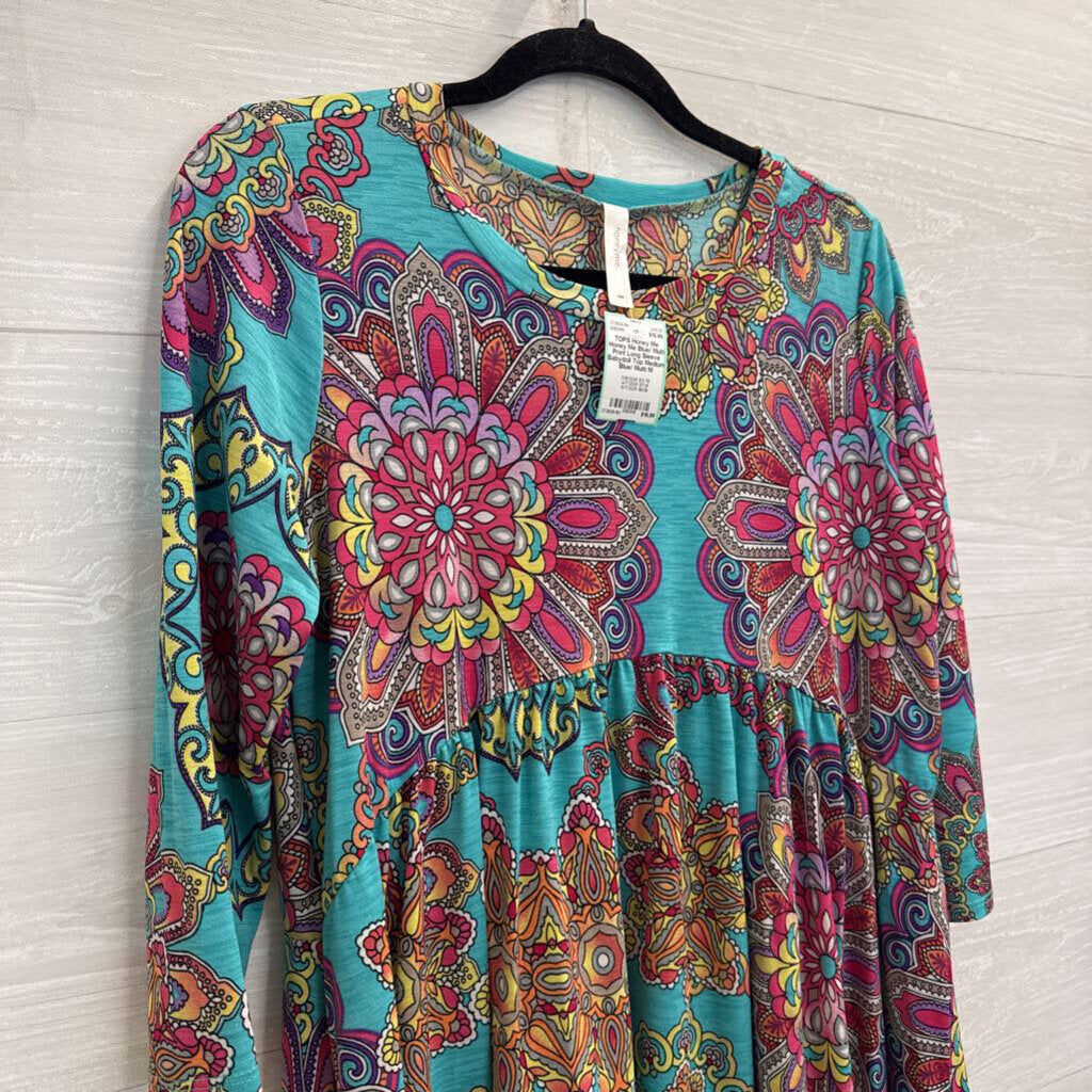 Honey Me Blue/ Multi Print Long Sleeve Babydoll Top Medium