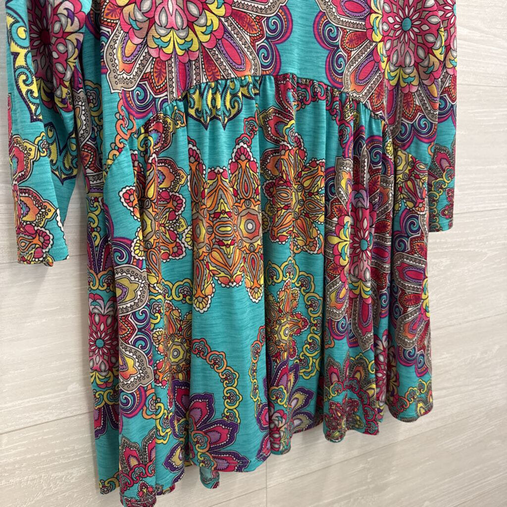 Honey Me Blue/ Multi Print Long Sleeve Babydoll Top Medium