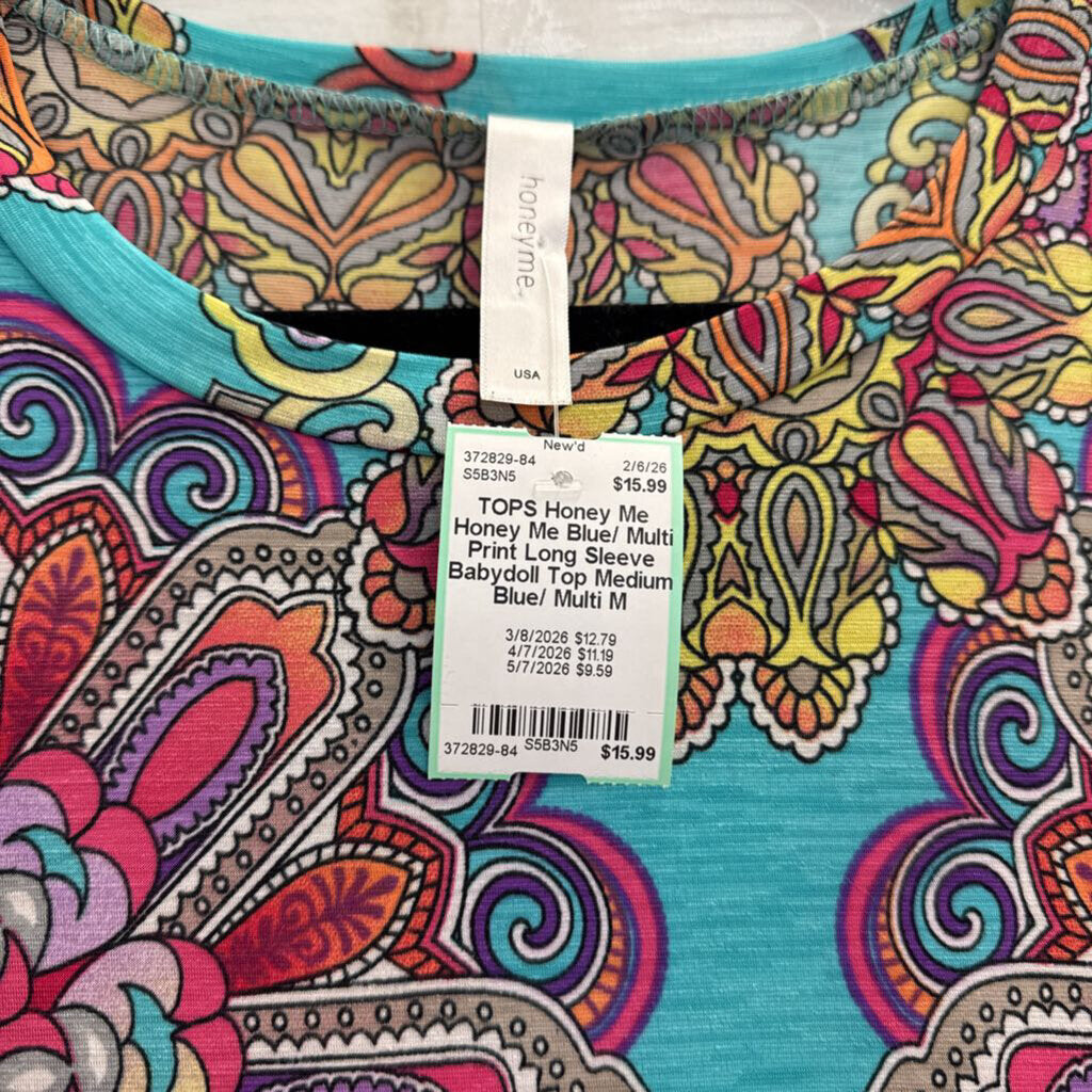 Honey Me Blue/ Multi Print Long Sleeve Babydoll Top Medium