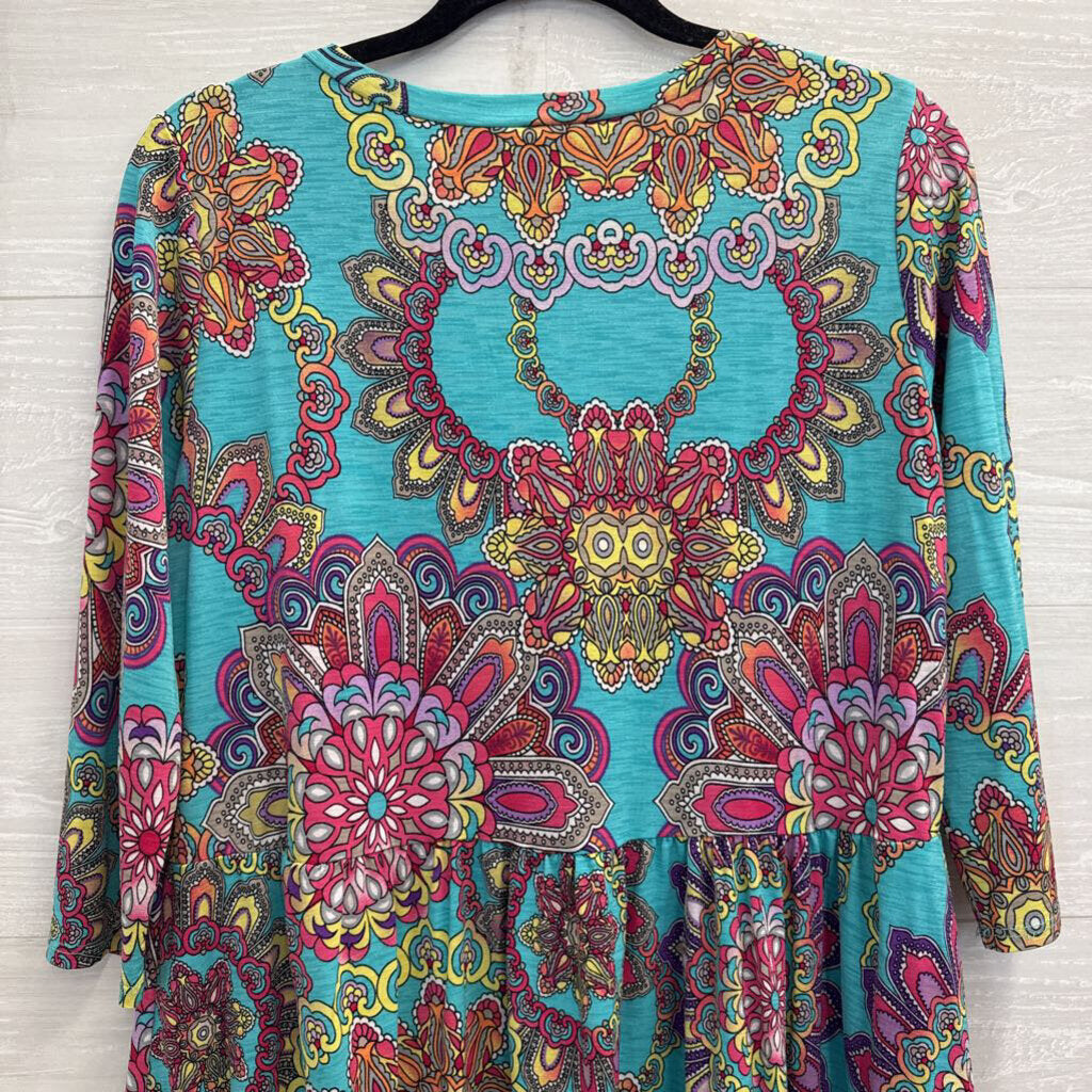 Honey Me Blue/ Multi Print Long Sleeve Babydoll Top Medium