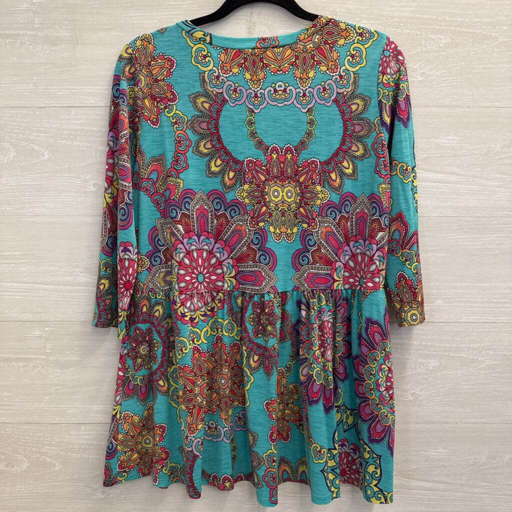 Honey Me Blue/ Multi Print Long Sleeve Babydoll Top Medium