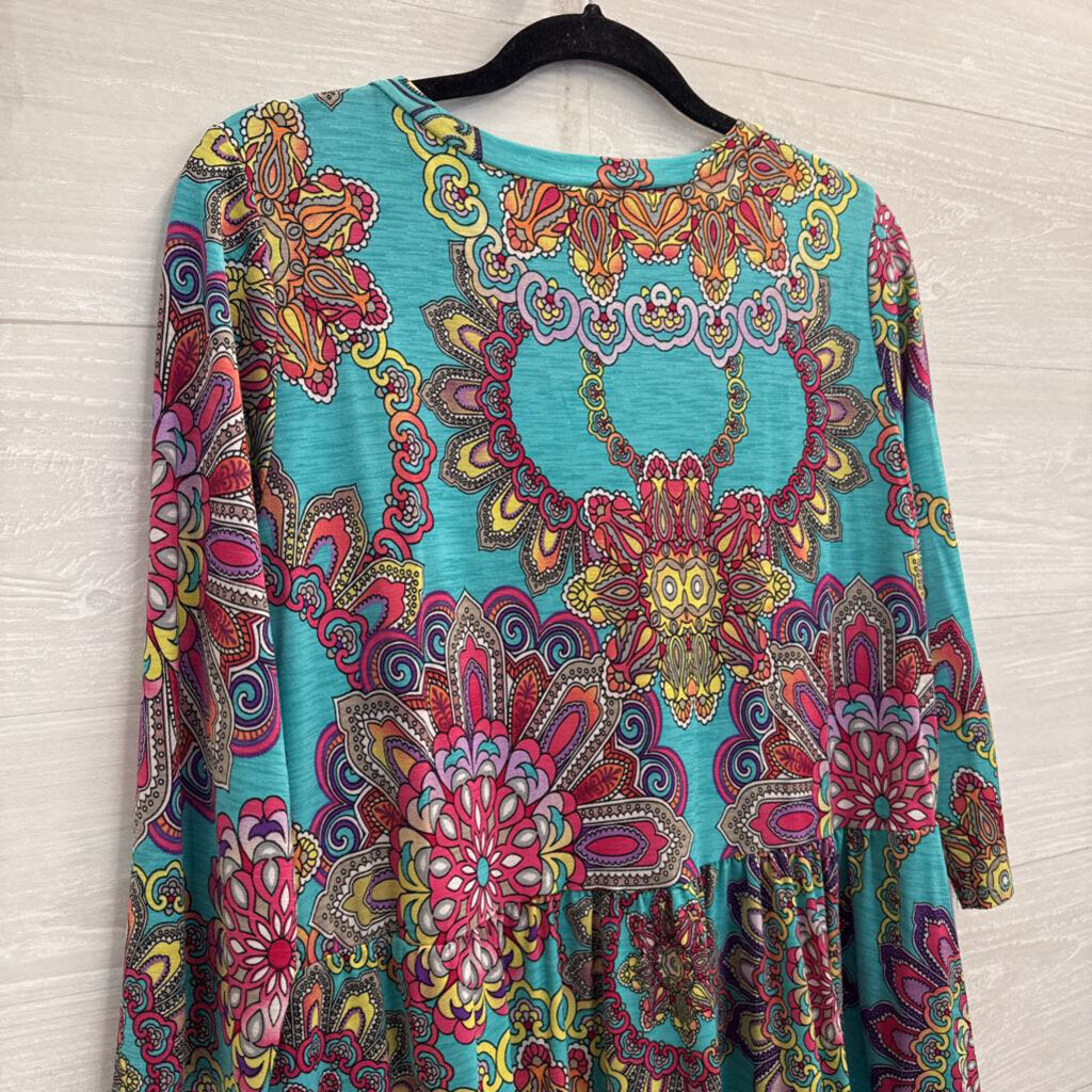 Honey Me Blue/ Multi Print Long Sleeve Babydoll Top Medium