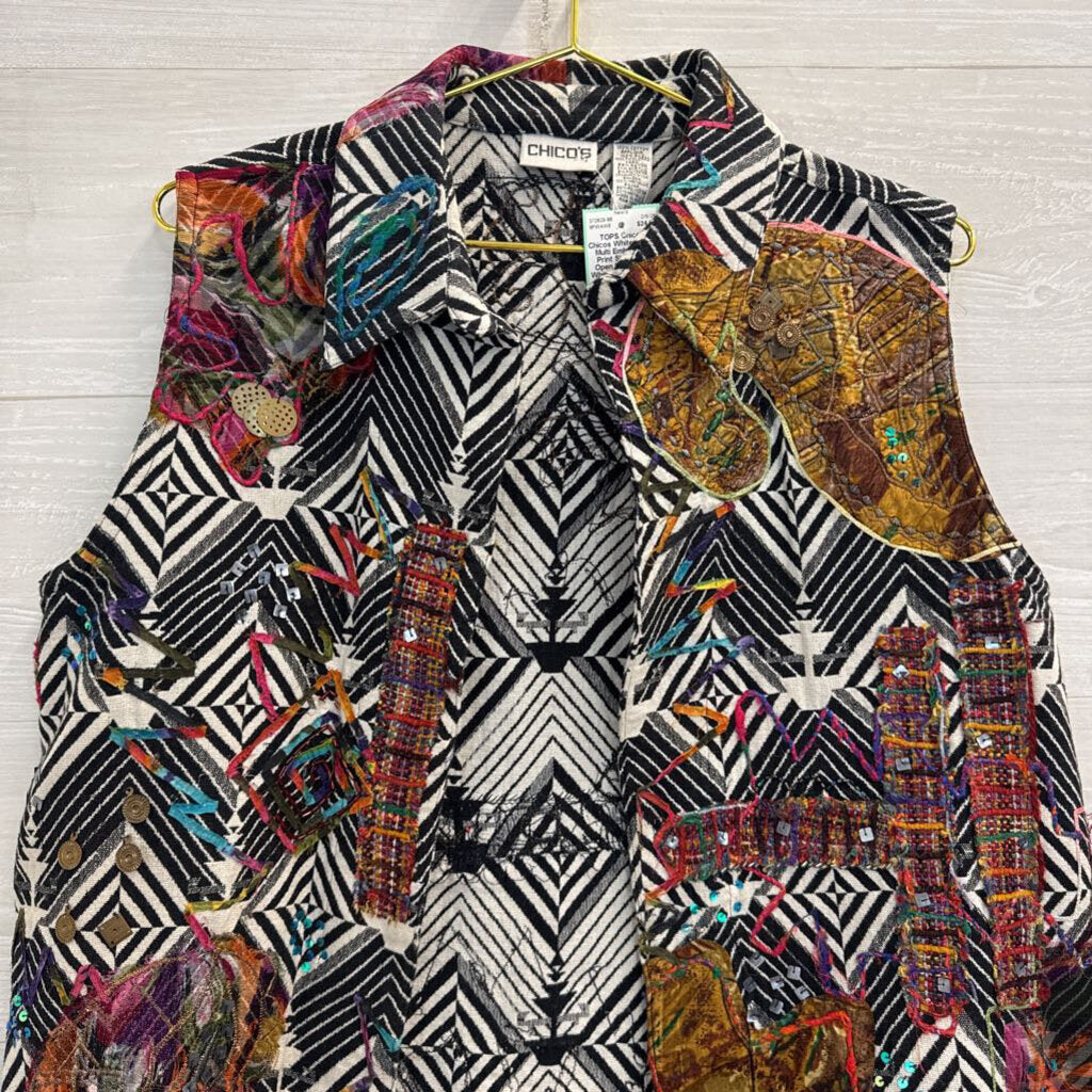 Chicos White/ Black/ Multi Embellished Print Sleeveless Open Front Top 2