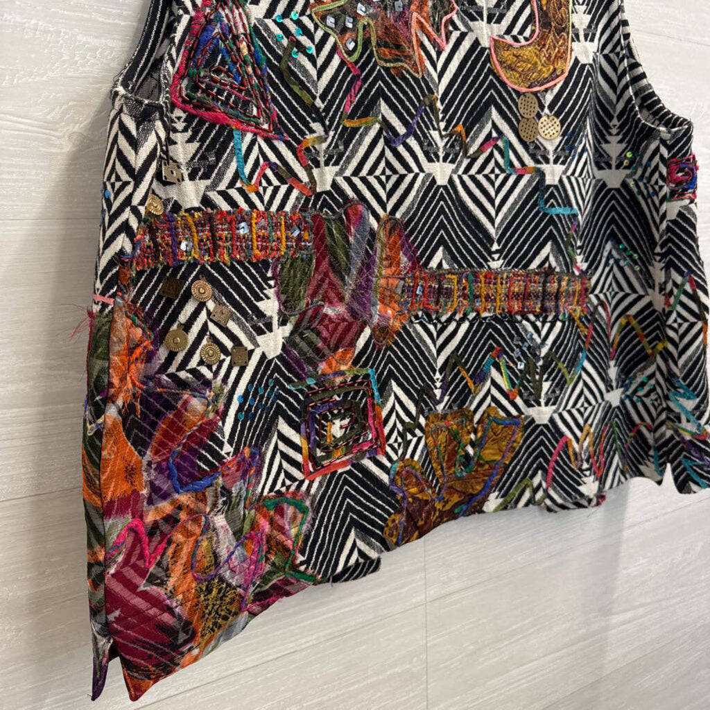 Chicos White/ Black/ Multi Embellished Print Sleeveless Open Front Top 2