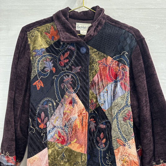 Flashback Brown/ Multi Embroidered Print Button Up Jacket Large