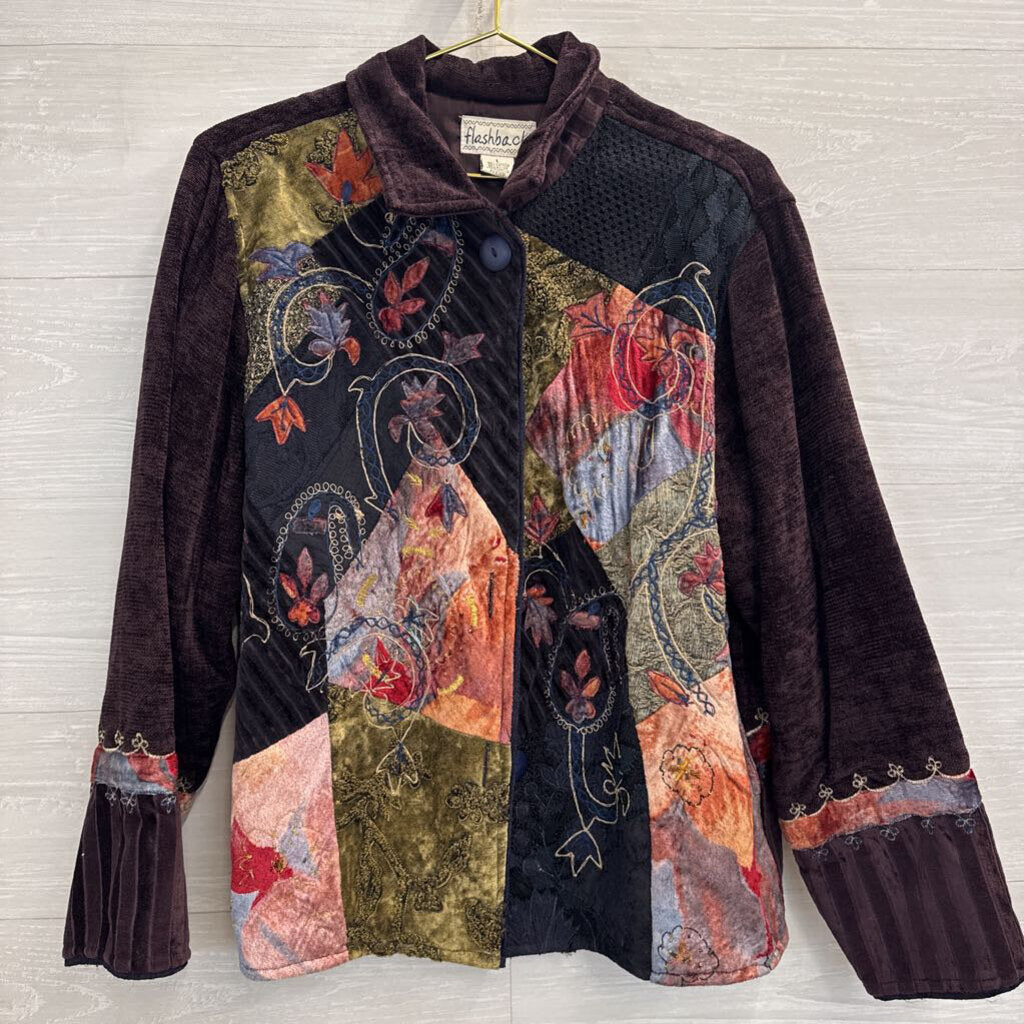 Flashback Brown/ Multi Embroidered Print Button Up Jacket Large