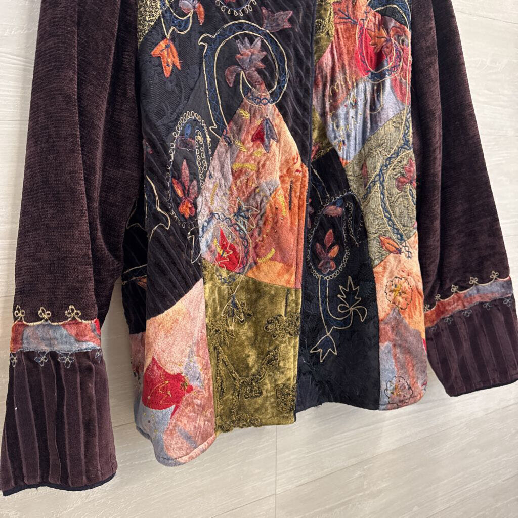 Flashback Brown/ Multi Embroidered Print Button Up Jacket Large
