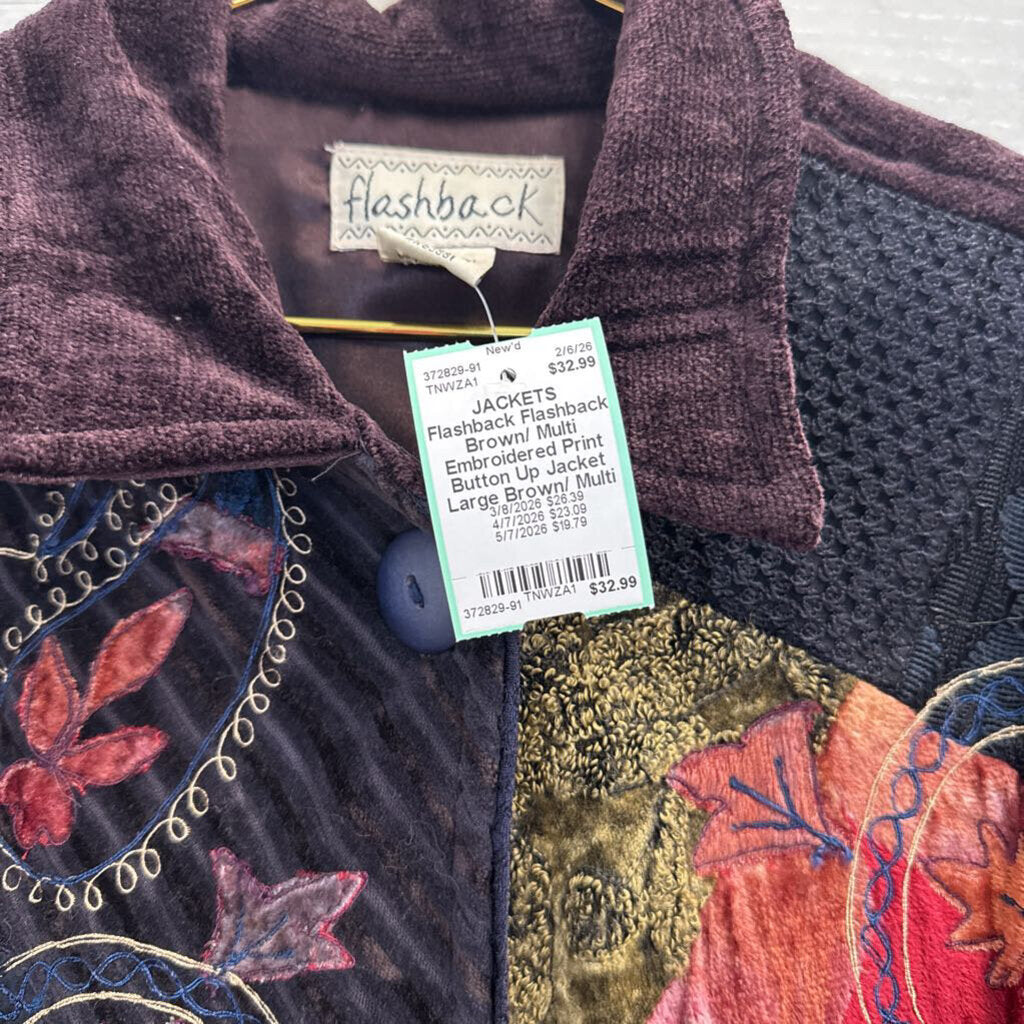 Flashback Brown/ Multi Embroidered Print Button Up Jacket Large